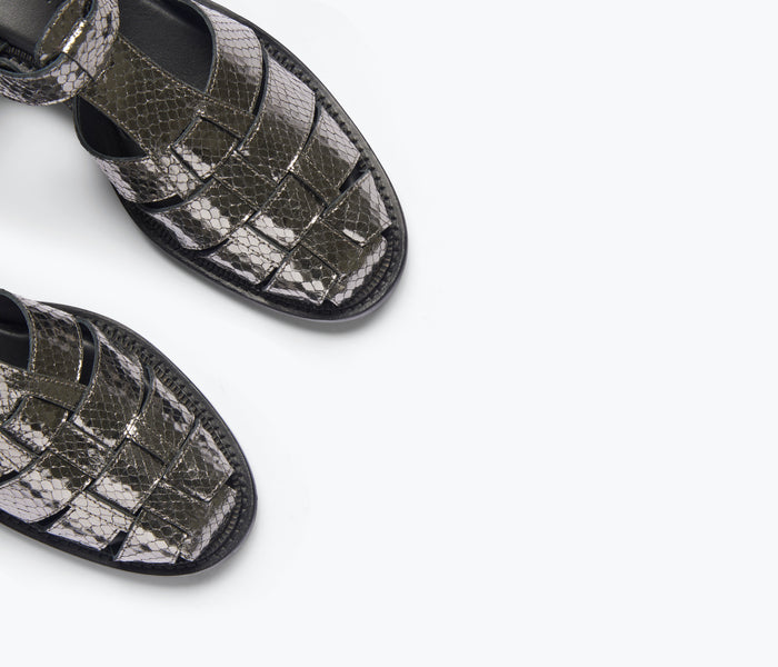 Freda Salvador Dahlia T-strap fisherman loafer in anthracite with embossed snake detail, showcasing classic design and textured leather.