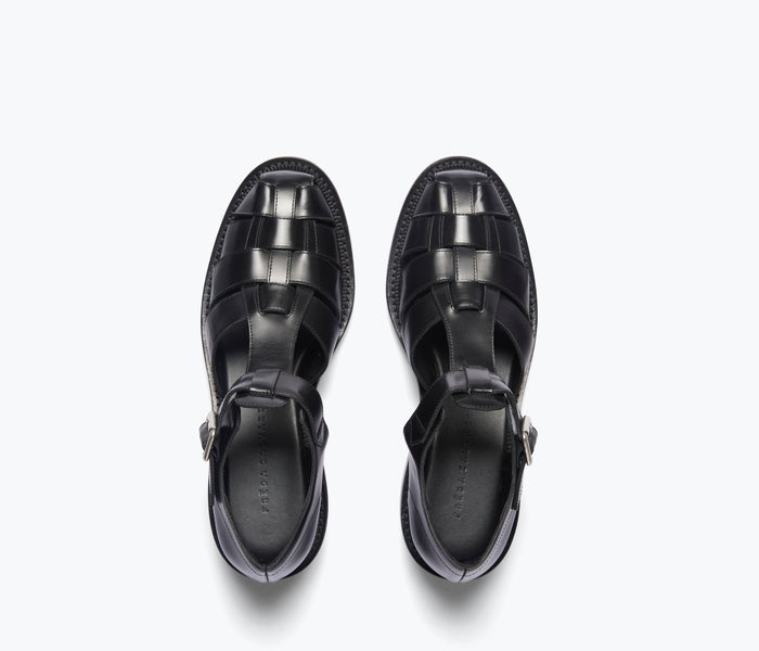 Black Dahlia T-strap fisherman loafer by Freda Salvador with sleek design and classic silhouette, perfect for casual or dressy wear.