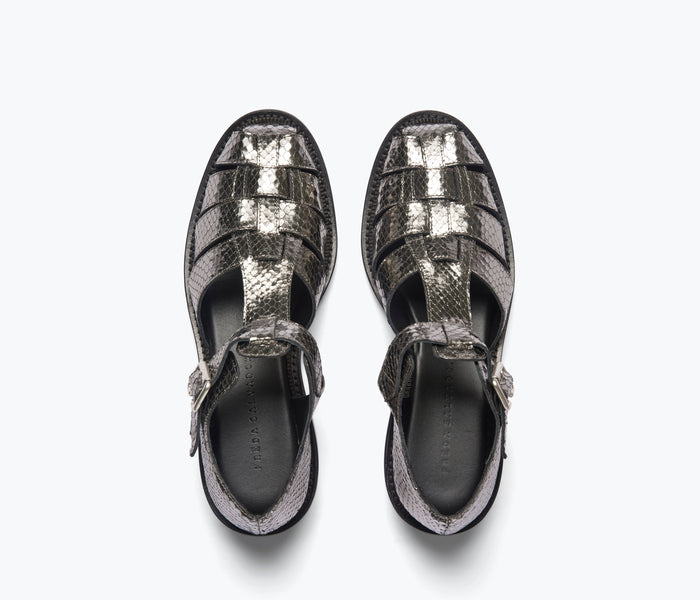 Freda Salvador Dahlia T-strap fisherman loafer in anthracite embossed snake leather, showcasing stylish T-strap design and textured finish.