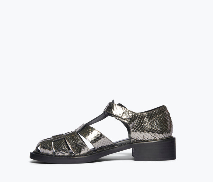 Freda Salvador Dahlia T-strap fisherman loafer in embossed snake leather, anthracite color, with T-strap design and slip-on style