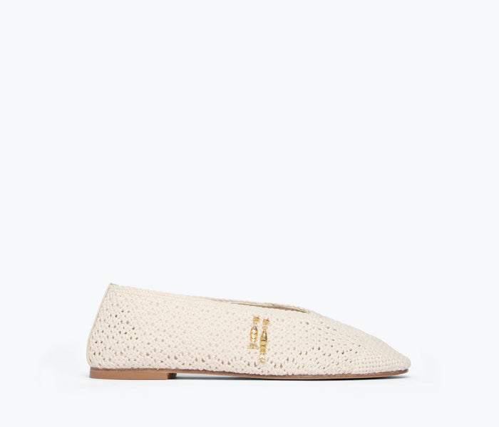 Freda Salvador Daisy Crochet Flat in vanilla color, front view showing woven crochet upper and sleek flat sole.