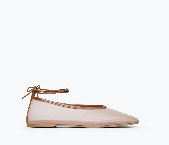 Fredas Salvador Daisy Mesh Flat showing front view with beige stone mesh upper and sleek flat sole.