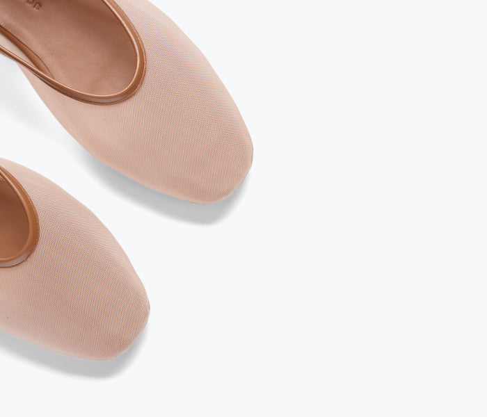 Freda Salvador Daisy Mesh Flat shoe featuring a stone-colored mesh upper and sleek flat design.
