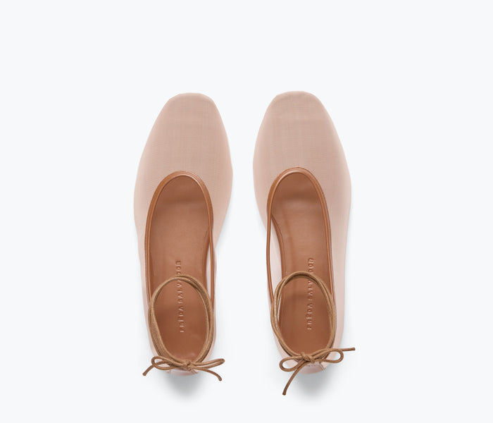 Freda Salvador Daisy Mesh Flat showing a sleek, pointed toe design with stone mesh detailing on a neutral background.