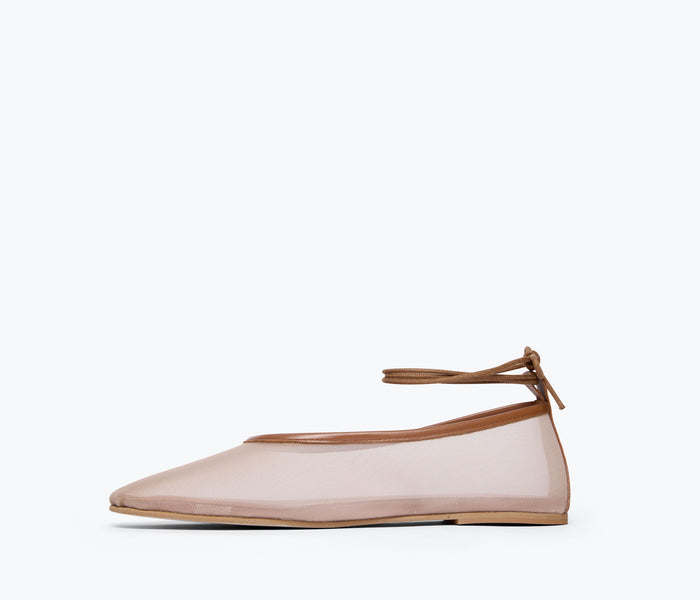 Inside view of Freda Salvador Daisy Mesh Flat showcasing its stone-colored mesh upper and sleek slip-on design.