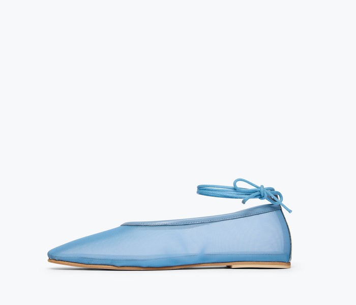 Inside view of Freda Salvador Daisy Mesh Flat showing denim and mesh upper with cushioned insole.