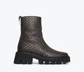 Freda Salvador Darla woven Chelsea boot in espresso color, front view showcasing the textured woven design and classic ankle fit.