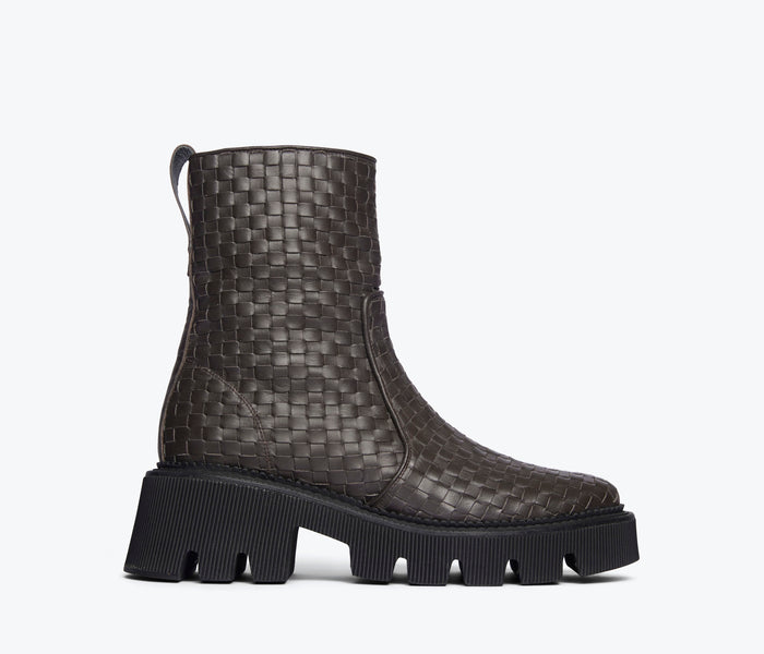 Freda Salvador Darla woven Chelsea boot in espresso color, front view showcasing the textured woven design and classic ankle fit.