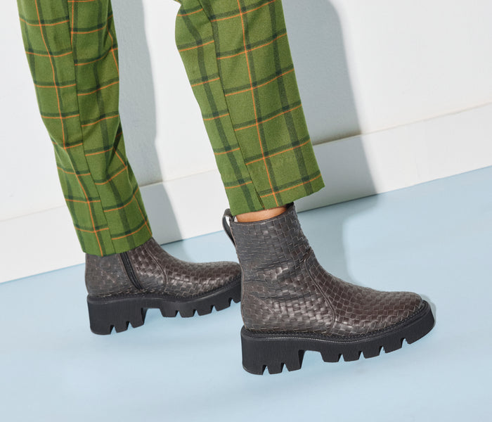 Freda Salvador Darla woven Chelsea boot in espresso color with a textured woven design and classic ankle boot silhouette.