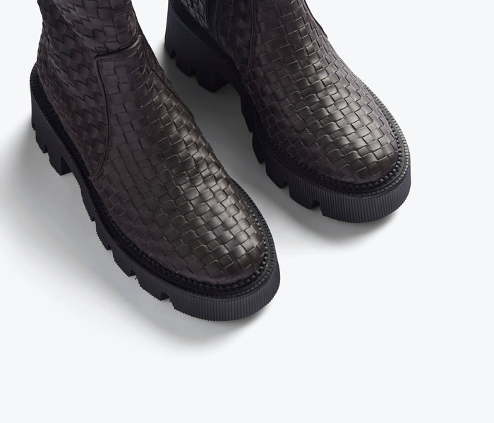 FREDA SALVADOR Darla Woven Chelsea Boot in espresso with detailed woven leather texture and classic ankle boot design.