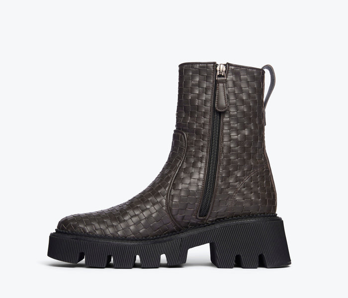 Freda Salvador Darla Woven Chelsea Boot in espresso, shown from inside angle with woven leather design and elastic side panels.