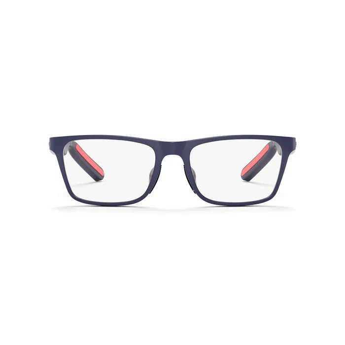 A pair of Reebok Dash rectangular smart glasses with a dark blue frame, clear lenses, and bold red inner arms. Built-in open-ear audio offers privacy. The glasses are centered on a white background.