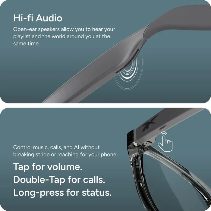 Reebok Dash smart glasses have open-ear audio speakers in the arms for hi-fi sound. Tap to adjust volume, double-tap for calls, and long-press for privacy, shown with simple graphics and text on a gray-blue background.