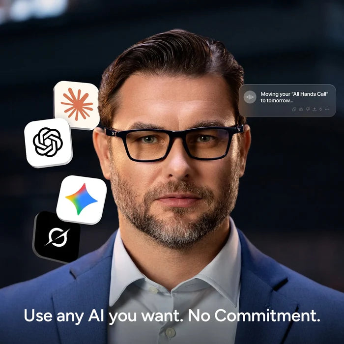 A man in smart glasses and a suit stands before a dark background, surrounded by AI tool icons and a notification bubble. Text at the bottom reads: Use any AI you want with Dash by Reebok. No Commitment.