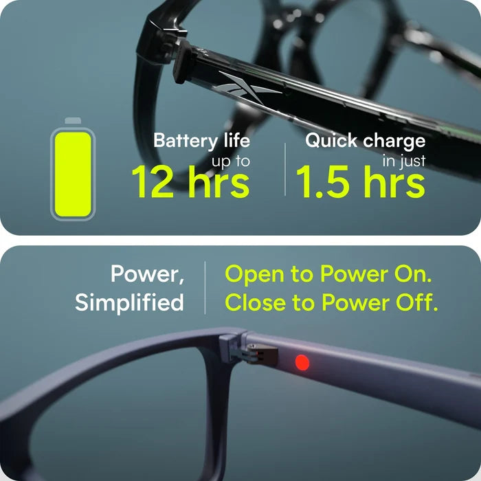 Close-up images of Reebok Dash smart glasses with open-ear audio, featuring a battery icon and text: Up to 12 hrs battery, quick 1.5 hr charge. Below: Open to Power On, Close to Power Off—glowing red LED shown.