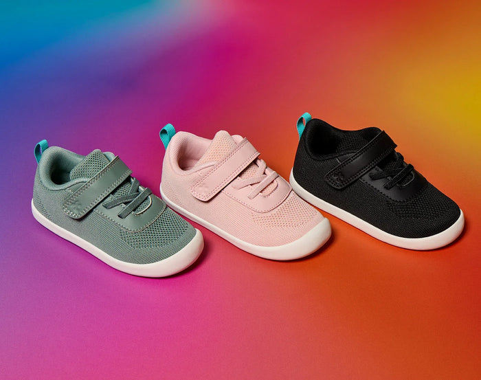 Side and top view of Ten Little DuoKnit Sneakers - Agave Green, Powder Pink, Night Black. Available at www.tenlittle.com