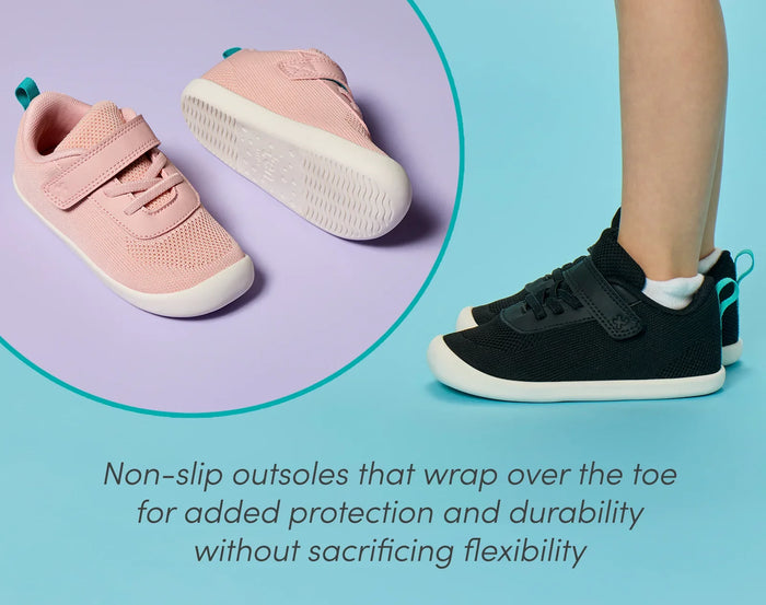 Top, bottom, and side view child wearing Ten Little DuoKnit Sneakers with non-slip outsoles that wrap over the toe for added protection and durability without sacrificing flexibility - Powder Pink, Night Black. Available at www.tenlittle.com