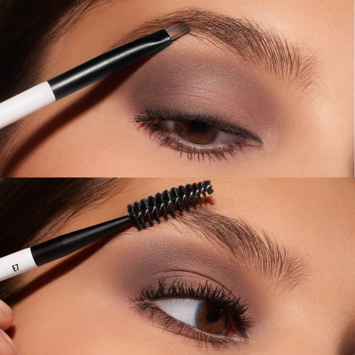 Makeup By Mario's E7 Dual-Ended Eyebrow Brush being used on a women's eyebrows with eyeshadow on
