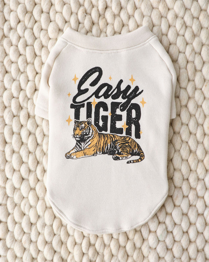 Easy Tiger Dog Sweatshirt, comfy and playful for Boston Terriers, Pomeranians, and Mini Schnauzers enjoying casual walks.