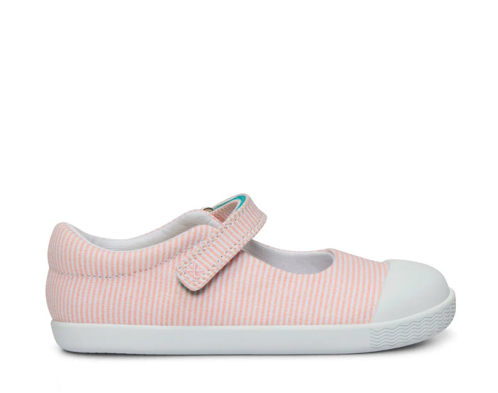 Side view of Ten Little Eco Canvas Mary Janes - Pink Seersucker. Available at www.tenlittle.com