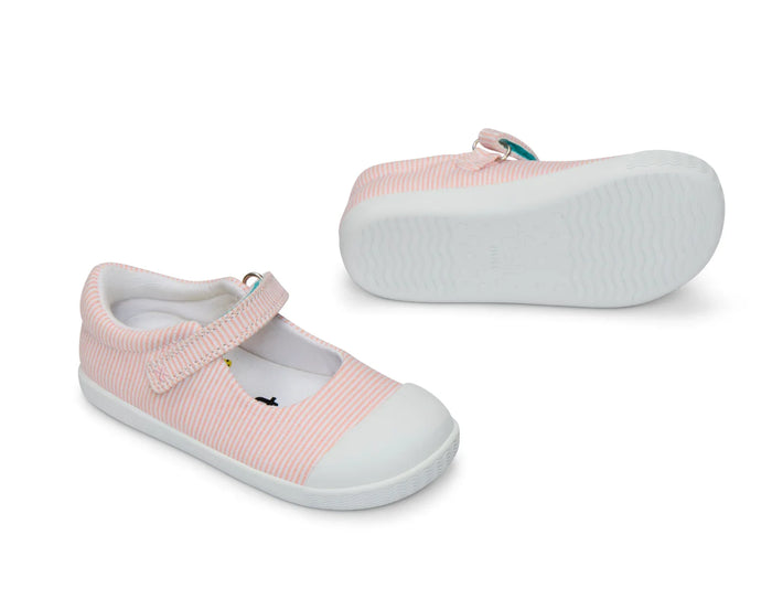 Side and bottom view of non-slip rubber outsole - Ten Little Eco Canvas Mary Janes - Pink Seersucker. Available at www.tenlittle.com