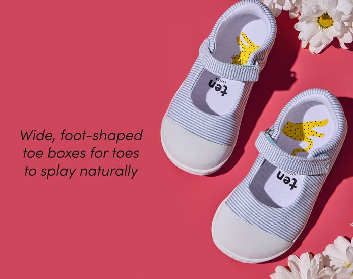 Top view of wide, foot-shaped toe boxes for toes to splay naturally - Ten Little Eco Canvas Mary Janes - Blue Seersucker. Available at www.tenlittle.com
