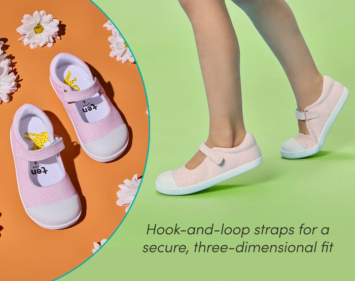 Split view of child wearing and top view of hook-and-loop straps for a secure, three-dimensional fit - Ten Little Eco Canvas Mary Janes - Pink Seersucker. Available at www.tenlittle.com