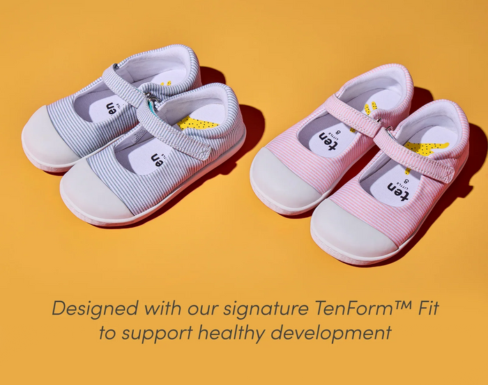 Side view of Ten Little Eco Canvas Mary Janes designed with our signature TenForm™ Fit to support healthy development - Blue Seersucker, Pink Seersucker. Available at www.tenlittle.com