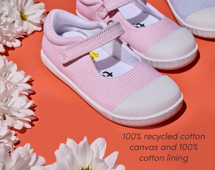Close up side and front view of 100% recycled cotton canvas and 100% cotton lining - Ten Little Eco Canvas Mary Janes - Pink Seersucker. Available at www.tenlittle.com