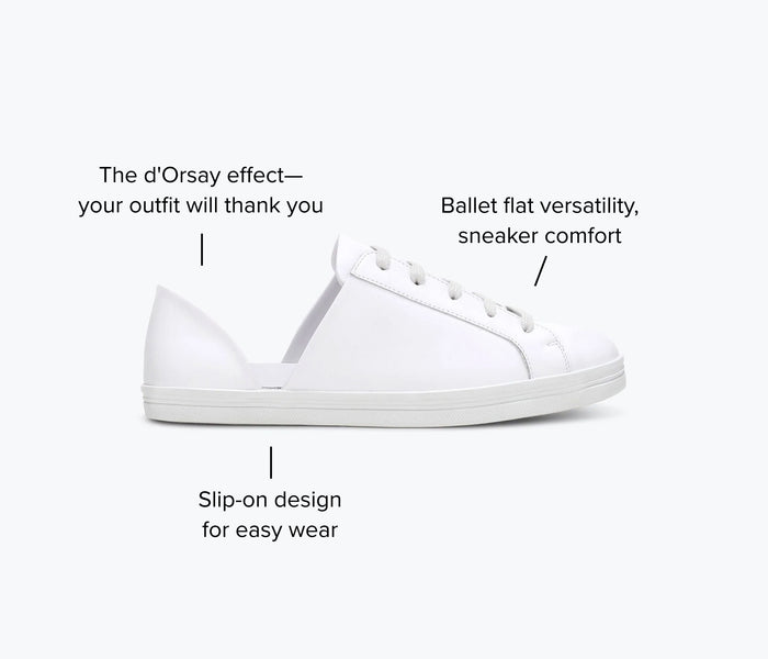 White EDA D'ORSAY sneaker by FREDA SALVADOR with a sleek design and subtle branding, displayed on a map-themed background.