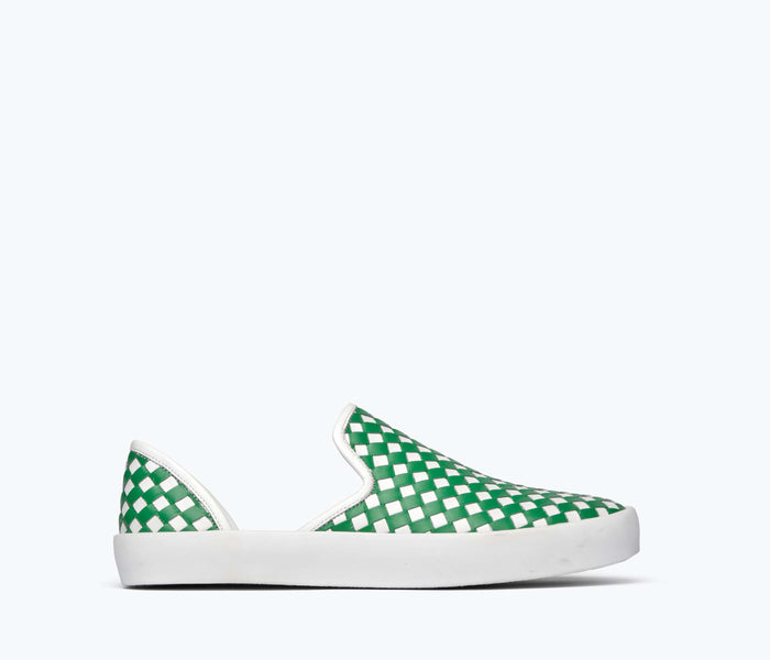 FREDA SALVADOR Eddy D'Orsay sneaker in green with woven calf details, front view showing stylish design and textured material.