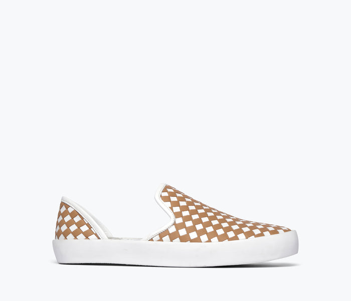 Freda Salvador Eddy D'orsay sneaker in latte color with woven calf leather, front view showing stylish design and craftsmanship.