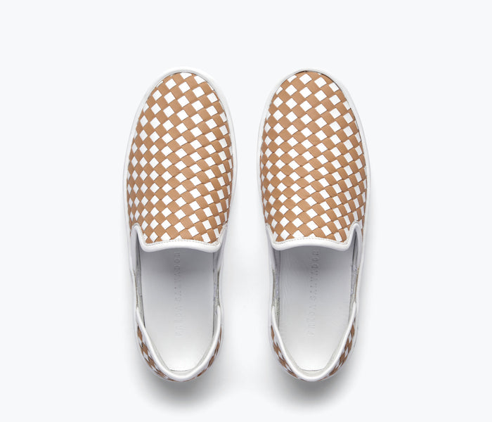 Freda Salvador Eddy D'Orsay sneaker in latte color with woven calf details, showcasing stylish casual footwear.
