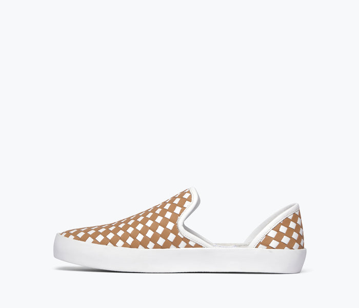 FREDA SALVADOR Eddy D'Orsay sneaker in latte color with woven calf detail, shown from inside view.
