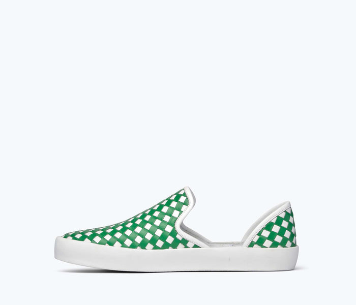 Freda Salvador Eddy D'Orsay sneaker in green woven calf leather, showing an inside view of the stylish sneaker.