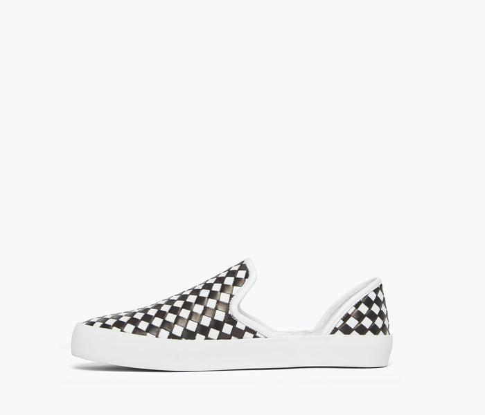 Black and white FREDA SALVADOR Eddy D'Orsay sneaker with inside view, showcasing stylish design and comfortable fit.