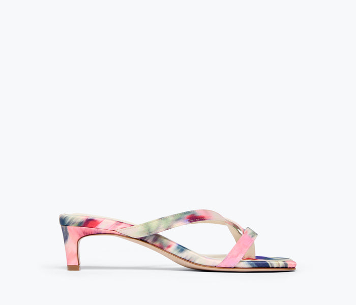 Freda Salvador Elaine heel in watercolor satin with front view, showcasing elegant pointed toe and sleek heel design.