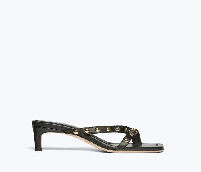Black and gold FREDA SALVADOR Elaine heel with sleek front design and elegant heel style.