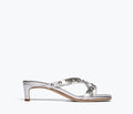 Freda Salvador Elaine silver heel with calf stud details, front view showcasing stylish design and metallic finish.