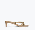Freda Salvador Elaine heel in khaki with pointed toe and sleek design, shown from the front view.