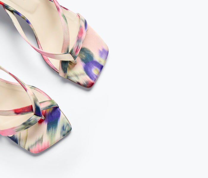 Freda Salvador Elaine Heel with watercolor satin finish, showcasing elegant heel design and detailed satin fabric.