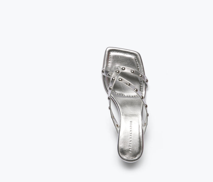 Silver FREDA SALVADOR Elaine Heel featuring calf stud details and a sleek top view.