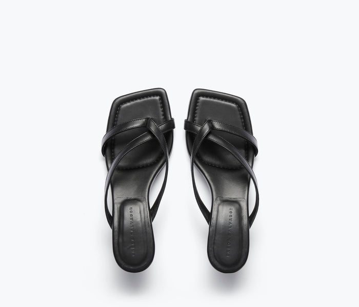 Black nappa leather Elaine heel by Freda Salvador, stylish open-toe design with a sleek high heel and elegant ankle strap.