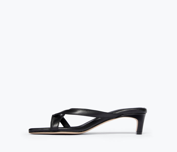 Black nappa leather Elaine heel by Freda Salvador with inside view showing sleek design and elegant heel shape.