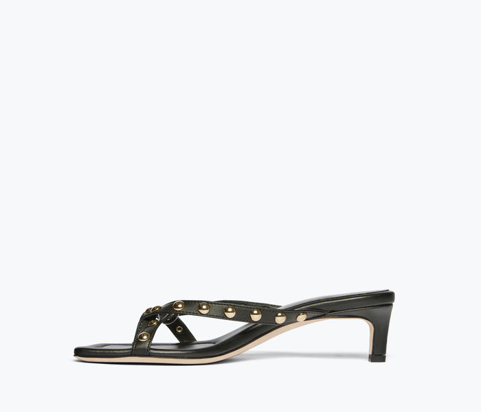 Black and gold FREDA SALVADOR Elaine heel with elegant design, showing the inside view of the stylish women's shoe.