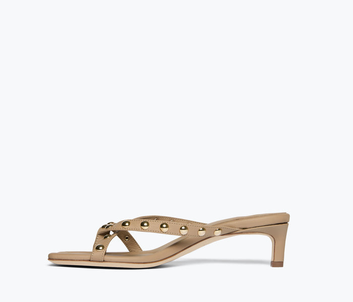 Freda Salvador Elaine heel in khaki, showing the inside view with stylish heel design and sleek material.