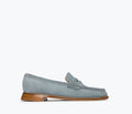 Freda Salvador Elba Penny Loafer in pebble suede, front view showing classic loafer design with smooth stitching and textured material.