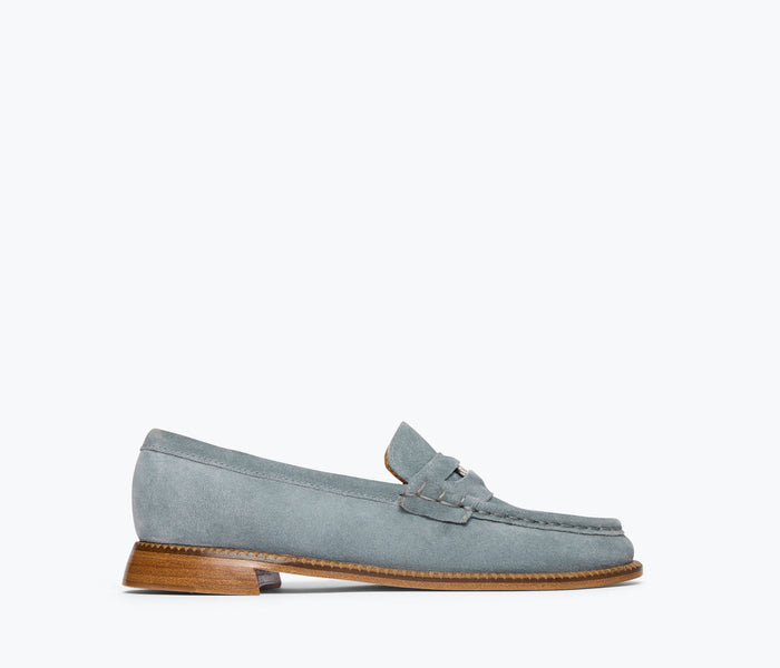 Freda Salvador Elba Penny Loafer in pebble suede, front view showing classic loafer design with smooth stitching and textured material.