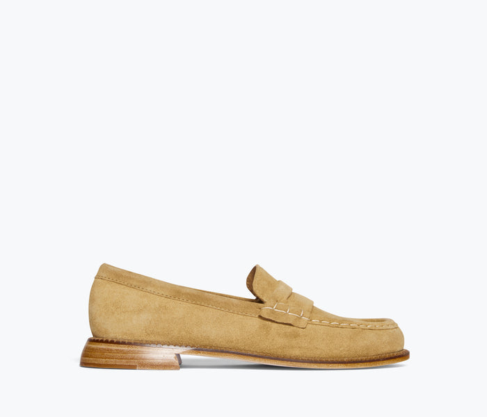 Freda Salvador ELBA Penny Loafer in hazel suede, front view showing classic slip-on loafer design with stitching detail.