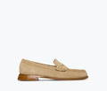 Freda Salvador Elba Penny Loafer in stucco suede, front view showing classic slip-on design and smooth texture.